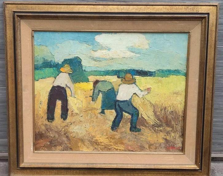 Huile sur toile moisson signe goerges briquet, Antiquités & Art, Art | Peinture | Classique, Enlèvement ou Envoi