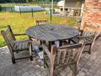 Robuuste houten tuinset van Engelse makelij met parasolvoet, Ophalen, 4 zitplaatsen, Gebruikt, Hardhout