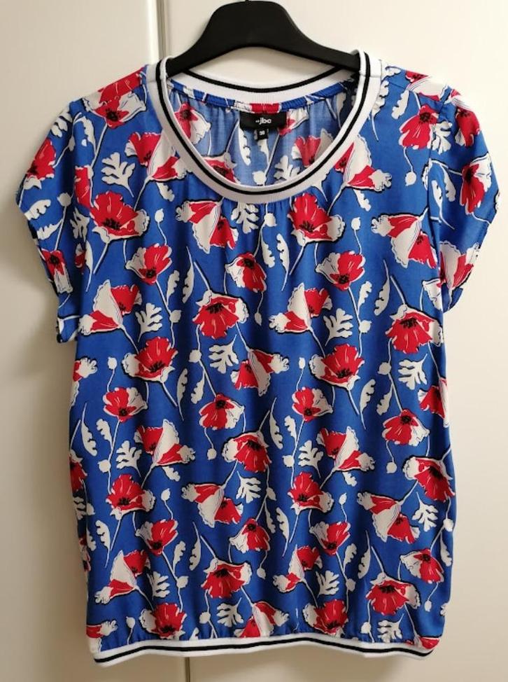 Kobaltblauw bloesje met bloemen en ronde hals, 38, Kleding | Dames, Blouses en Tunieken, Zo goed als nieuw, Ophalen of Verzenden