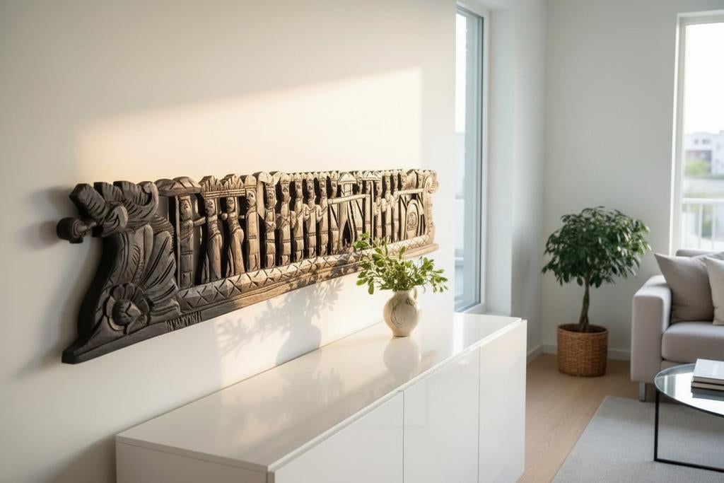 beau panneau en bois sculpté à la main, vintage authentique, Enlèvement ou Envoi, Bois, Doré, Scène