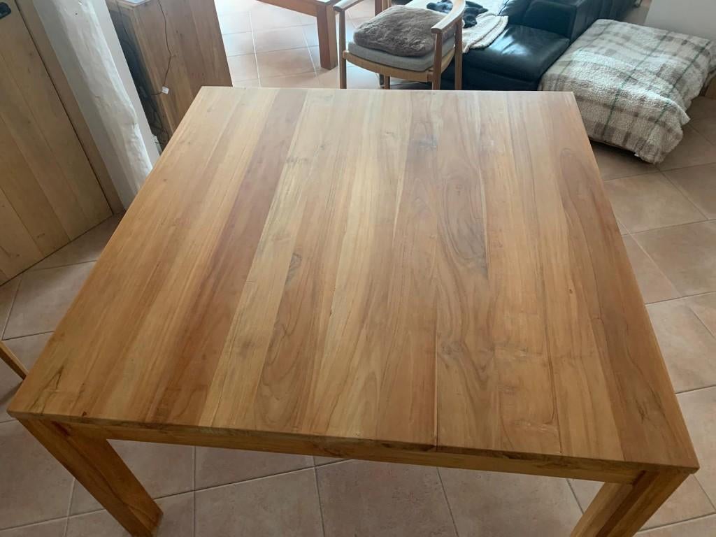 Table de salle à manger carrée en teck, Teck, 100 à 150 cm, Cinq personnes ou plus, Carré