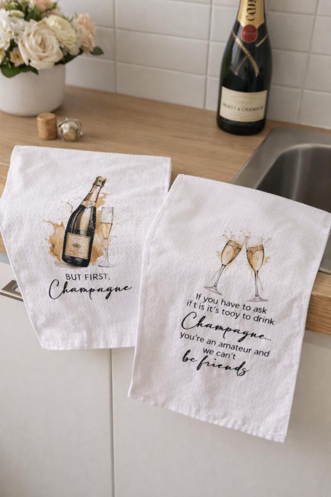 Lot de 2 torchons de cuisine avec motif champagne, Envoi, Neuf, Autres couleurs, Torchon ou Serviette