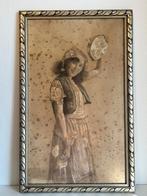 Vintage gesigneerde tekening – dame met tamboerijn, Ophalen of Verzenden