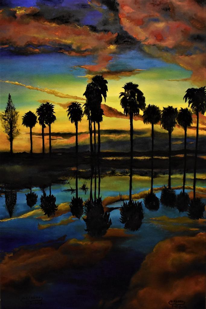 Landschap, palmbomen, schilderij van joky Kamo, Antiek en Kunst, Kunst | Schilderijen | Modern, Ophalen