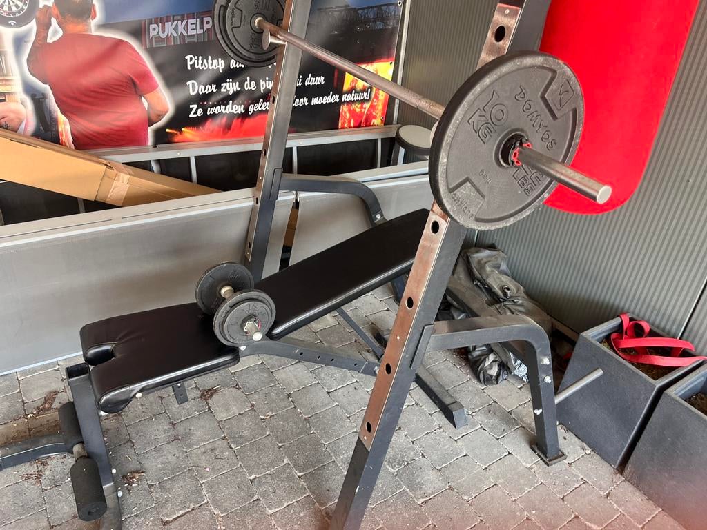 banc+haltère+disques, Sports & Fitness, Enlèvement, Comme neuf
