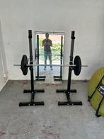 Squat rack + barbell + weigts, Sports & Fitness, Équipement de fitness, Comme neuf, Enlèvement ou Envoi