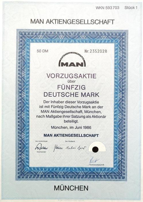 MAN (vrachtwagens en bussen) 1986, Postzegels en Munten, Aandelen en Waardepapieren, Aandeel, 1970 tot heden, Ophalen of Verzenden