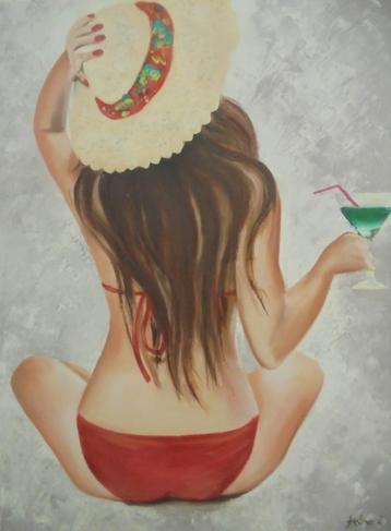 olieschilderij cocktailmeisje 60x80cm beschikbaar voor biedingen