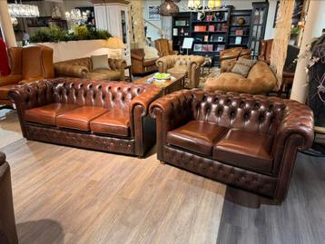 Originele compact chesterfield Bankstel 3+2 bruin leer salon beschikbaar voor biedingen