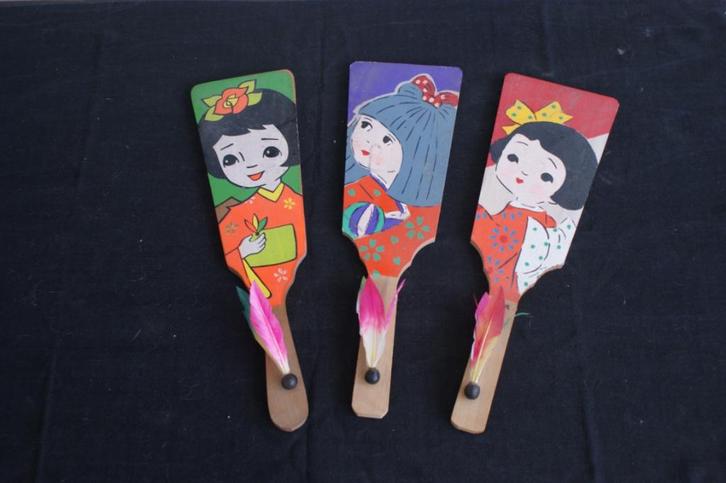 Japans badminton (hanetsuki): 3 hagoita + 3 hane, Sport en Fitness, Badminton, Zo goed als nieuw, Ophalen of Verzenden