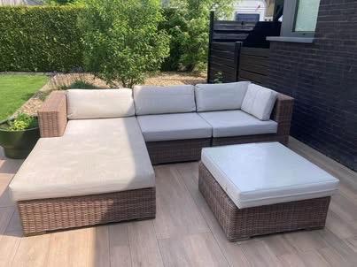 Hoek lounge, Tuin en Terras, Tuinsets en Loungesets, Gebruikt, Loungeset, Wicker, 4 zitplaatsen, Bank, Bijzettafel, Ophalen