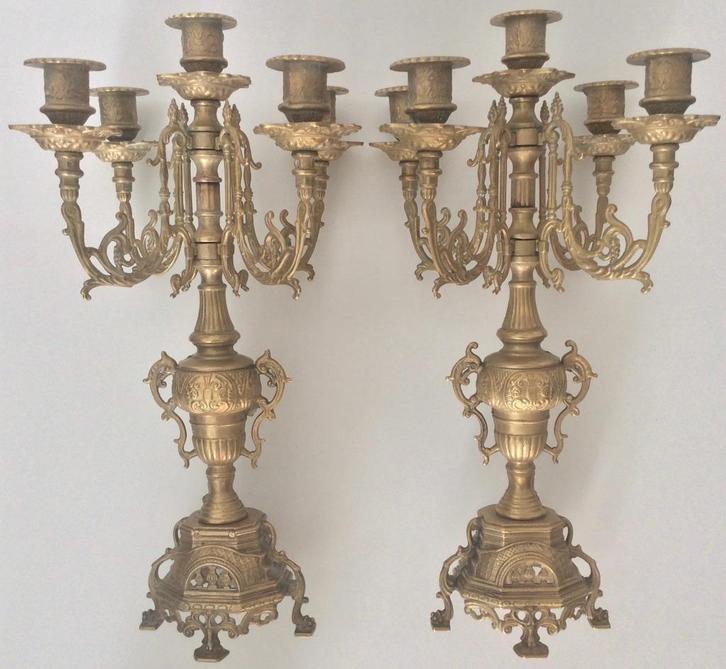 Twee Franse goudkleurige kandelaars, Antiek en Kunst, Antiek | Kandelaars, Koper of Brons, Ophalen of Verzenden