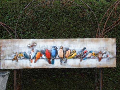 schilderij, metalen frame met reliëf, vogels op een draad, Tuin en Terras, Tuinwanddecoratie, Nieuw, Ophalen of Verzenden