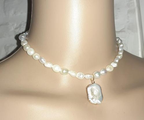 Ketting zoetwaterparel met grote hanger, Handtassen en Accessoires, Kettingen, Nieuw, Steen of Mineraal, Wit, Met edelsteen, Met hanger