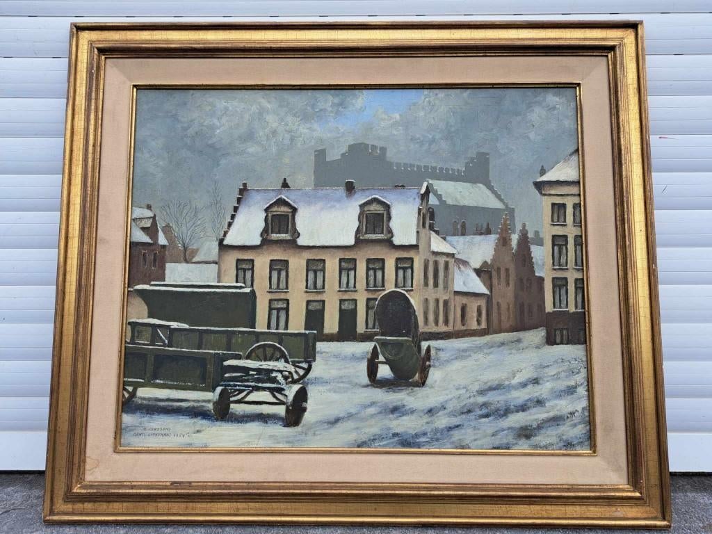 huile sur panneau gand signe m janssens, Antiek en Kunst, Kunst | Schilderijen | Klassiek, Ophalen of Verzenden