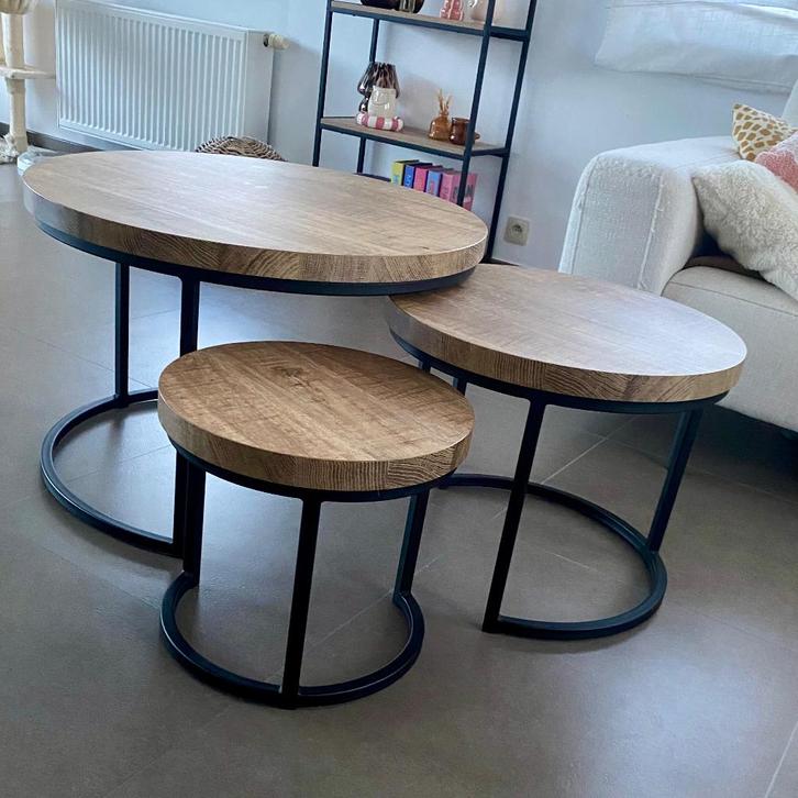 Set van 3 salontafels, Maison & Meubles, Tables | Tables de salon, Comme neuf, 50 à 75 cm, 50 à 100 cm, 50 à 100 cm, Rond, Autres essences de bois