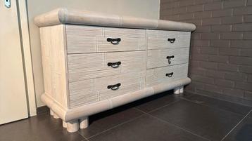 Commode Bambou Blanchi, 5 tiroirs ou plus, Moins de 100 cm, 150 à 200 cm, Asiatique Moderne