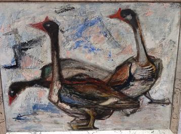 oud schilderij ganzen cobra stijl beschikbaar voor biedingen