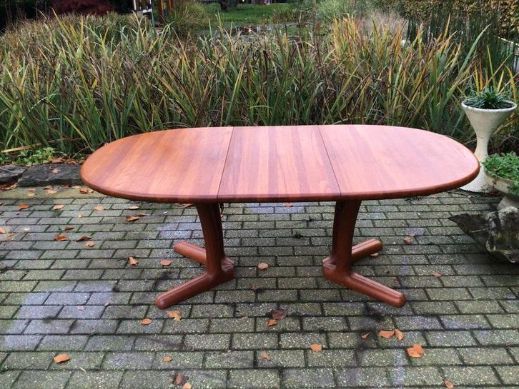 Design verlengbare Deense eettafel, tafel met 1 tussenblad, Huis en Inrichting, Tafels | Eettafels, Ovaal, Teakhout, Ophalen