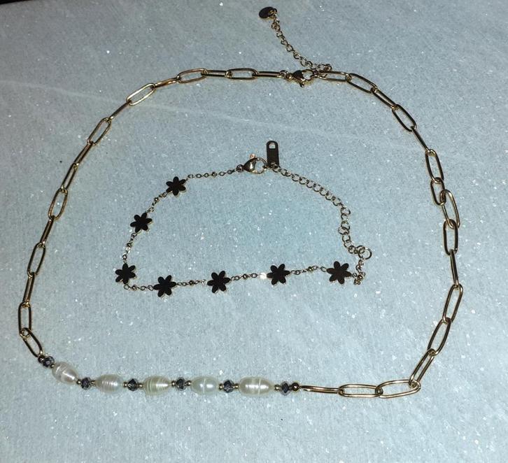 Juwelenset goud met zoetwaterparel, Handtassen en Accessoires, Kettingen, Nieuw, Steen of Mineraal, Goud, Met edelsteen, Met kristal