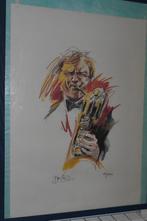 Lithografie; saxofonist. Gesigneerd en genummerd., Antiek en Kunst, Ophalen of Verzenden