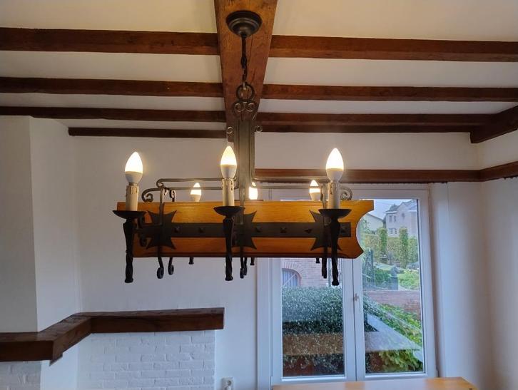 Landelijke Kroonluchter, Huis en Inrichting, Lampen | Hanglampen, Gebruikt, Minder dan 50 cm, Hout, Ophalen