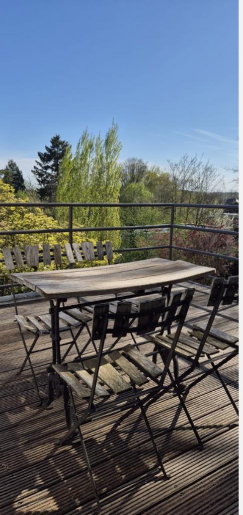 Tuinset: vintage tafel en 4 stoelen, Tuin en Terras, Tuinsets en Loungesets, Hout, Ophalen