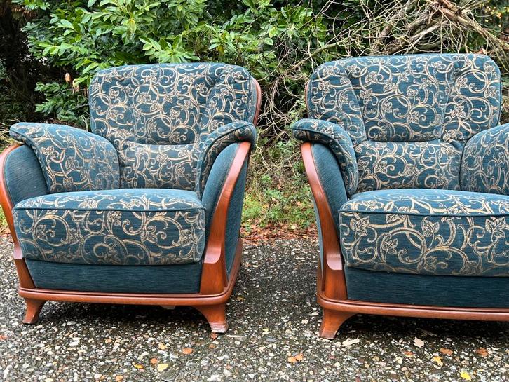 2 jugendstil kersenhouten fauteuils, Huis en Inrichting, Fauteuils, Zo goed als nieuw, Stof, Ophalen
