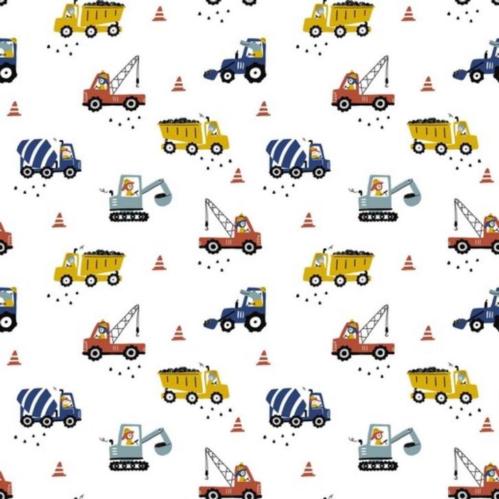 6231) 140x50cm coton camion et grue blanc, Hobby en Vrije tijd, Stoffen en Lappen, Nieuw, Katoen, 120 cm of meer, 30 tot 200 cm