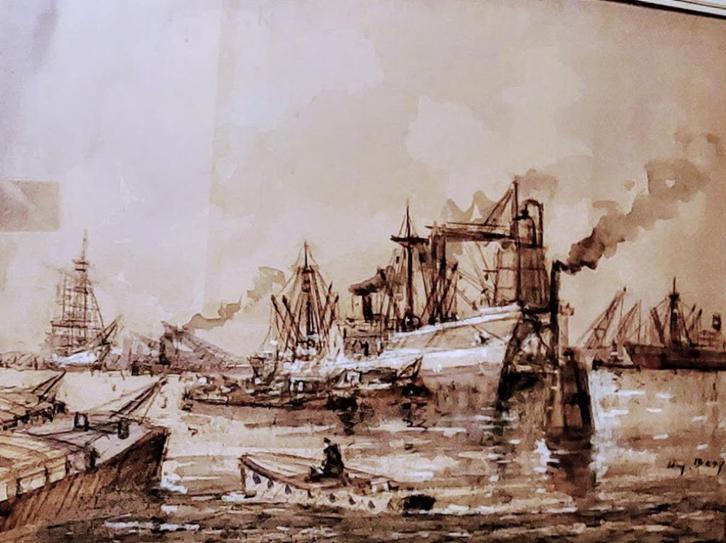 Willem Bos - grote aquarel - kader - havenzicht, Antiek en Kunst, Kunst | Schilderijen | Modern, Ophalen of Verzenden