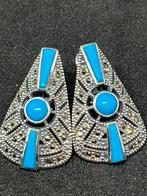 Vintage Zilveren Oorbellen met Turkoois en Marcasiet, Handtassen en Accessoires, Oorbellen, Blauw, Nieuw, Ophalen of Verzenden