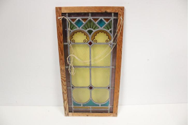 Antiek Art-Deco Glas-In-Lood Raam in Houten Lijst, Antiquités & Art, Antiquités | Autres Antiquités