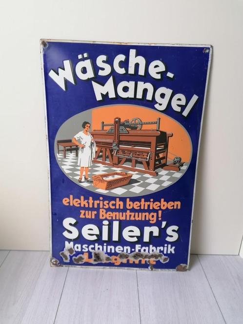 Plaque émaillée wäschemangel Seiler's Allemagne, Collections, Marques & Objets publicitaires, Utilisé, Panneau publicitaire, Enlèvement ou Envoi