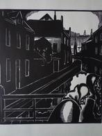 houtsnede straat en brug aan water onbekende kunstenaar, Antiek en Kunst, Kunst | Etsen en Gravures, Ophalen of Verzenden