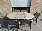 Tafel in teak, alsook 6(zware) metalen stoelen., Tuin en Terras, Tuinstoelen, Ophalen, Gebruikt