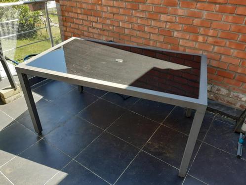 Tuintafel van aluminium en glas, Tuin en Terras, Tuintafels, Gebruikt, Rechthoekig, Aluminium, Ophalen of Verzenden