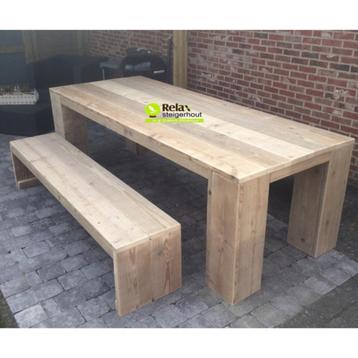 Steigerhout tafel met 2 banken actie gratis levering tuinset