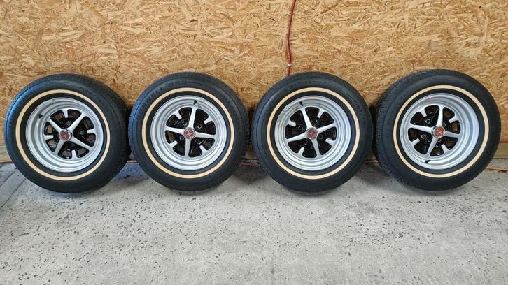 Ford Mustang 64 65 66 "4 bouten" velgen met White W banden, Auto-onderdelen, Banden en Velgen, Band(en), Ophalen