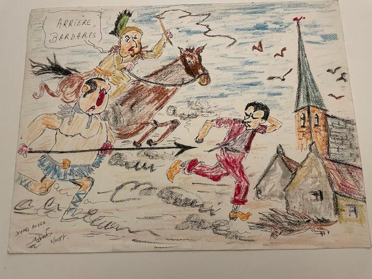 « Arrière, barbares ! » Dessin coloré satirique, Antiek en Kunst, Kunst | Tekeningen en Fotografie, Ophalen of Verzenden