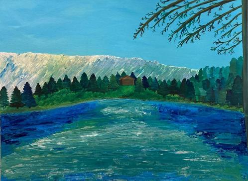 Peinture toile lac montagne cadre schilderij, Antiquités & Art, Art | Peinture | Moderne, Enlèvement