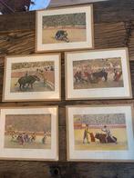 Vintage 5 kunstafdrukken Spaanse stierenvechten, Antiek en Kunst, Ophalen of Verzenden