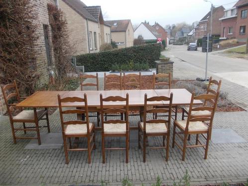 Mooie Beuken tafel met 10 stoelen afgewerkt met fineer eik, Antiek en Kunst, Antiek | Meubels | Stoelen en Sofa's, Ophalen