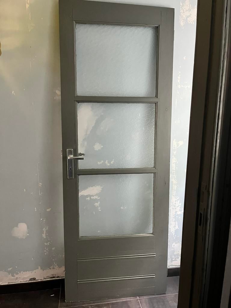 Vintage houten binnendeur met troebel glas, Ophalen, Gebruikt, 80 tot 100 cm, Binnendeur