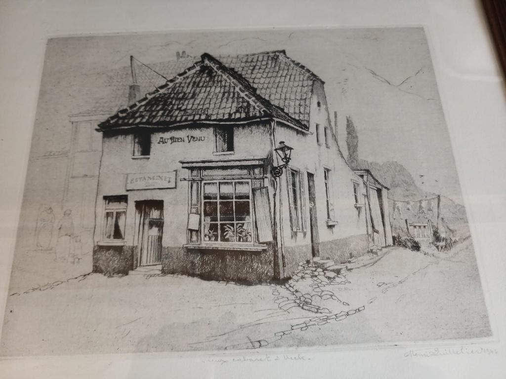 signé Henri Quittelier, vieux caberet à Uccle, Antiquités & Art, Eau-forte, Enlèvement ou Envoi, 1950 - 1999, Vue urbaine