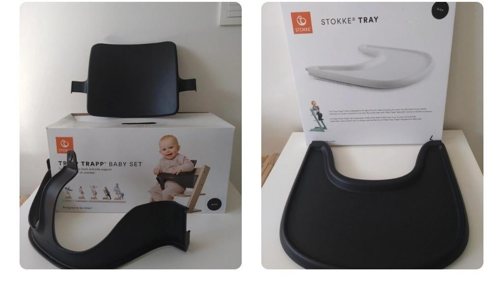 Stokke Tripp Trapp tray + babyset zwart incl. originele verp, Kinderen en Baby's, Kinderstoelen, Zo goed als nieuw, Meegroeistoel