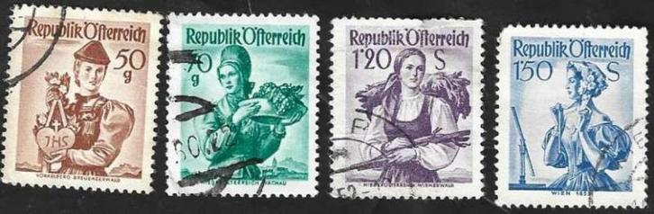 4 Postzegels Oostenrijk 1958 Klederdrachten, Postzegels en Munten, Postzegels | Europa | Oostenrijk, Gestempeld, Ophalen of Verzenden