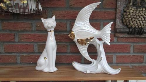 2 Beelden Poes (Kat) en Vis, Antiek en Kunst, Antiek | Keramiek en Aardewerk, Ophalen