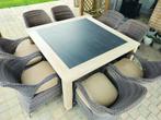 Table en teck et pierre + 8 fauteuils, Ophalen, Gebruikt, Vierkant, Hout