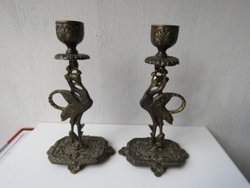 Vintage koppel kandelaars kraanvogel beschikbaar voor biedingen