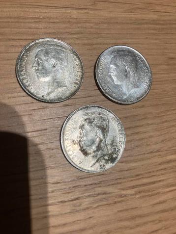 3 zilveren Belgische 1-Frank munten  beschikbaar voor biedingen